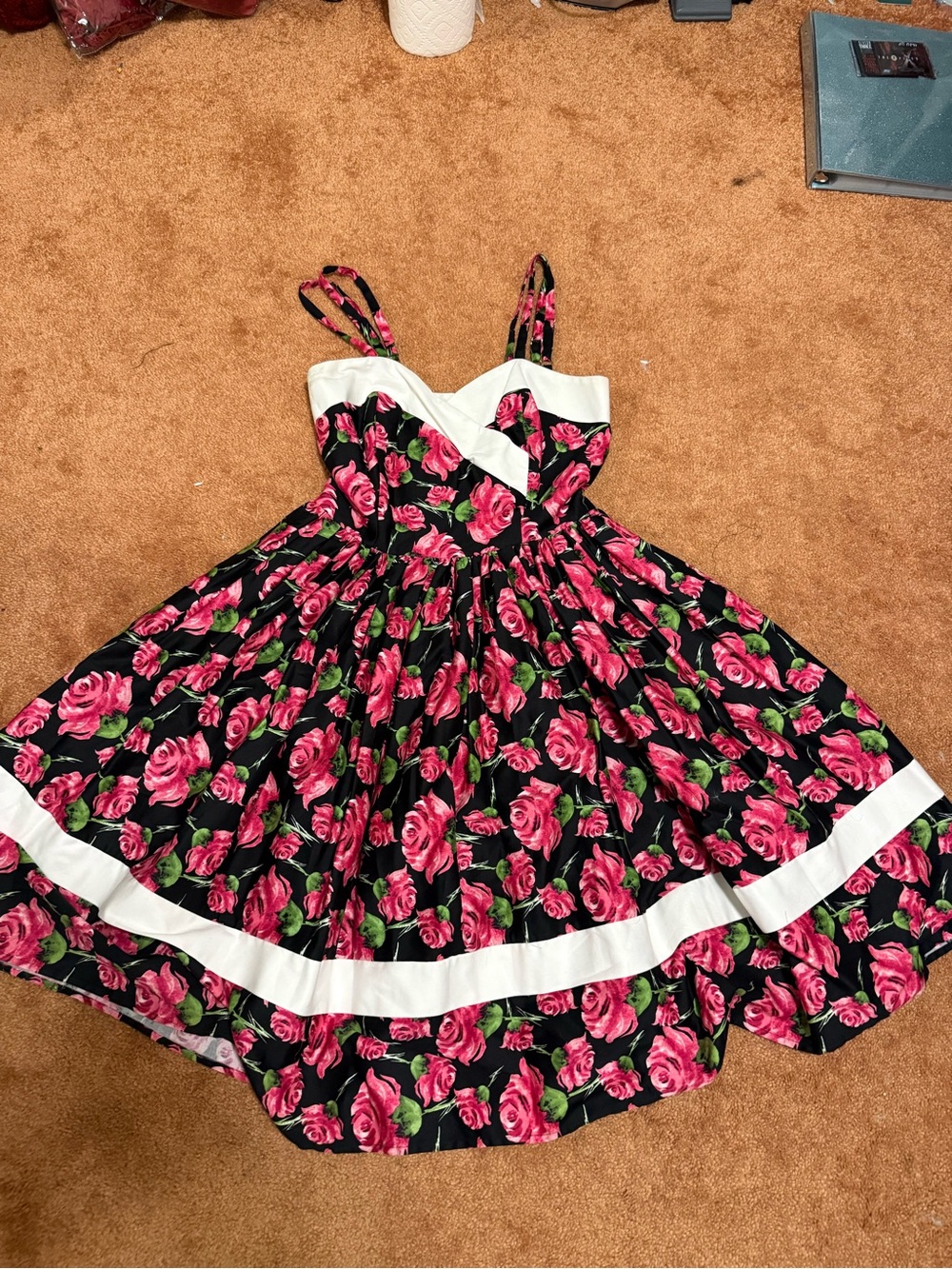 Unique Vintage Black Sundress with Pink Rose Print and White Trim